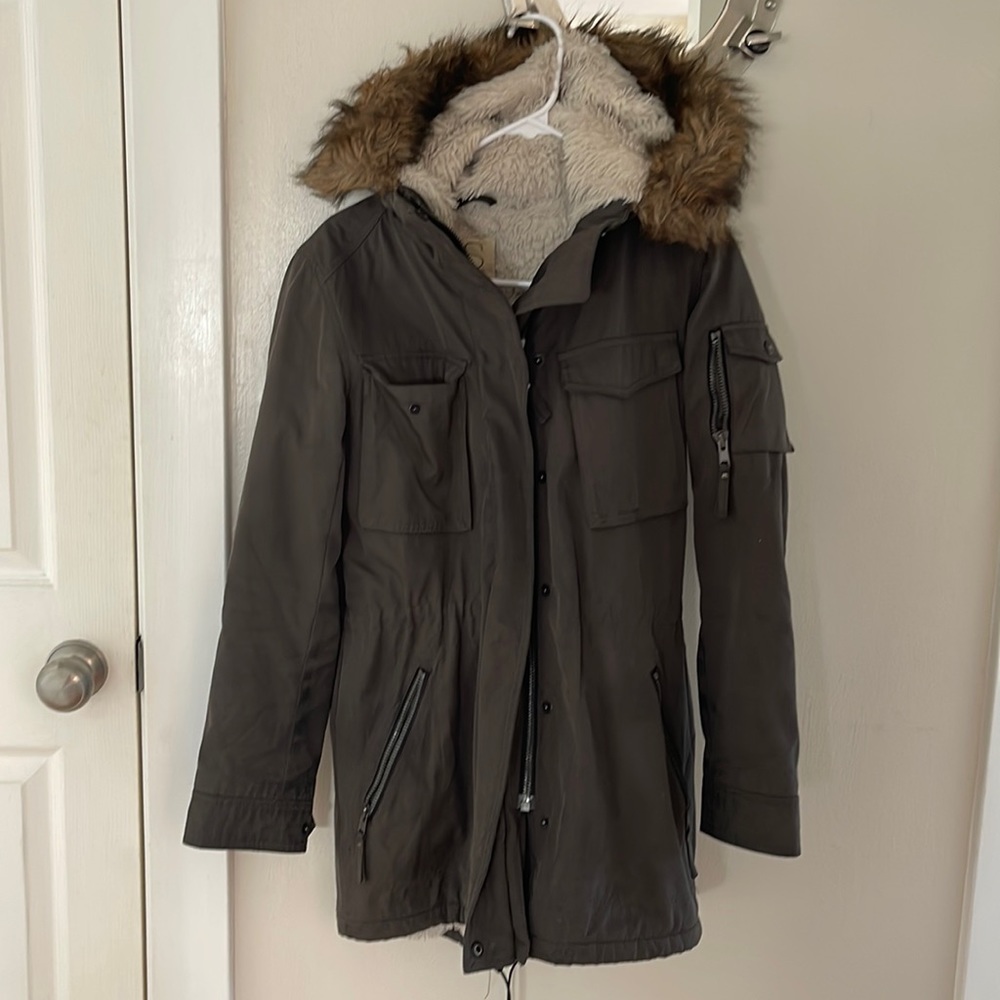 Dark Green Winter Coat with Fuad Fur Hood and Lining